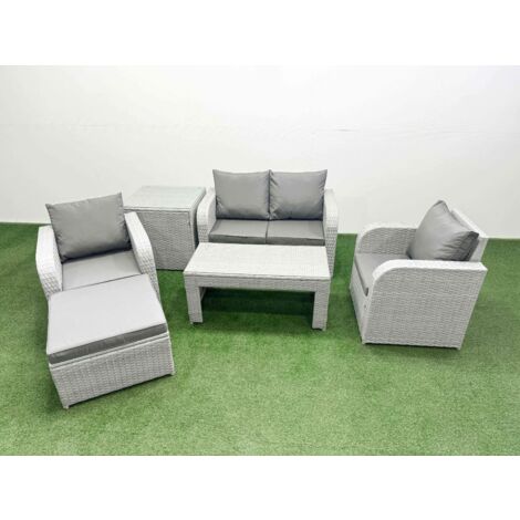 Fimous Light Grey PE Wicker Rattan Garden Furniture Set Sofa Set Reclining Adjustable Chair Oblong Coffee Table 5 Seater With Footstool Side Table