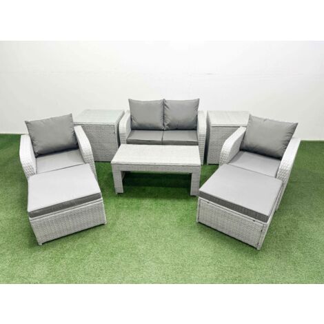 Fimous Light Grey PE Wicker Rattan Garden Furniture Set Sofa Set Reclining Adjustable Chair Oblong Coffee Table 6 Seater 2 Big Stools 2 Side Table