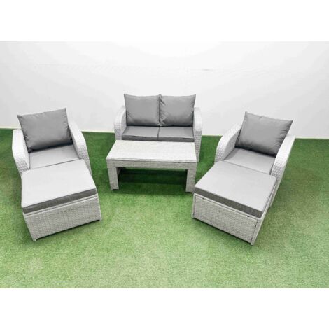 Fimous Light Grey PE Wicker Rattan Garden Furniture Set Sofa Set Reclining Adjustable Chair Oblong Coffee Table 6 Seater 2 Big Stools