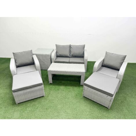 Fimous Light Grey PE Wicker Rattan Garden Furniture Set Sofa Set Reclining Adjustable Chair Oblong Coffee Table 6 Seater 2 Big Stools Side Table