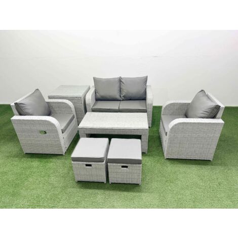 Fimous Light Grey PE Wicker Rattan Garden Furniture Set Sofa Set Reclining Adjustable Chair Oblong Coffee Table 6 Seater 2 Small Stools Side Table