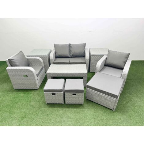 Fimous Light Grey PE Wicker Rattan Garden Furniture Set Sofa Set Reclining Adjustable Chair Oblong Coffee Table 7 Seater 3 Stools 2 Side Table