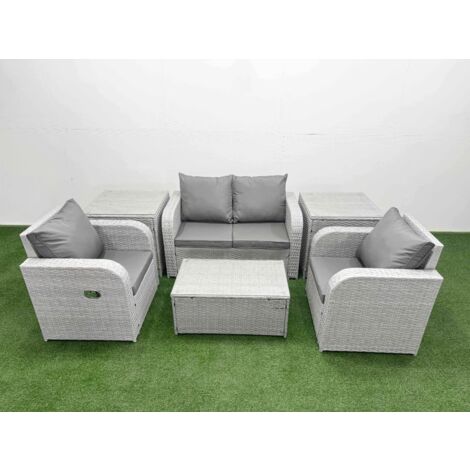 Fimous Light Grey PE Wicker Rattan Garden Furniture Set Sofa Set Reclining Adjustable Chair Rectangular Coffee Table 4 Seater With 2 Side Table