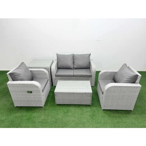 Fimous Light Grey PE Wicker Rattan Garden Furniture Set Sofa Set Reclining Adjustable Chair Rectangular Coffee Table 4 Seater With Side Table