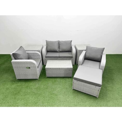 Fimous Light Grey PE Wicker Rattan Garden Furniture Set Sofa Set Reclining Adjustable Chair Rectangular Coffee Table 5 Seater With Footstool 2 Side Table