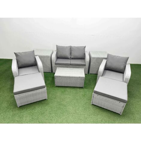 Fimous Light Grey PE Wicker Rattan Garden Furniture Set Sofa Set Reclining Adjustable Chair Rectangular Coffee Table 6 Seater 2 Big Stools 2 Side Table