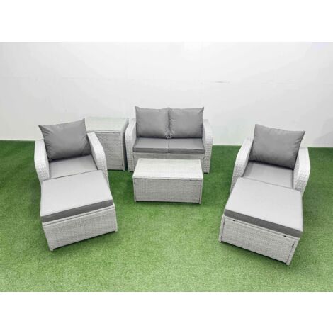 Fimous Light Grey PE Wicker Rattan Garden Furniture Set Sofa Set Reclining Adjustable Chair Rectangular Coffee Table 6 Seater 2 Big Stools Side Table