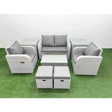 Fimous Light Grey PE Wicker Rattan Garden Furniture Set Sofa Set Reclining Adjustable Chair Rectangular Coffee Table 6 Seater 2 Small Stools 2 Side Table