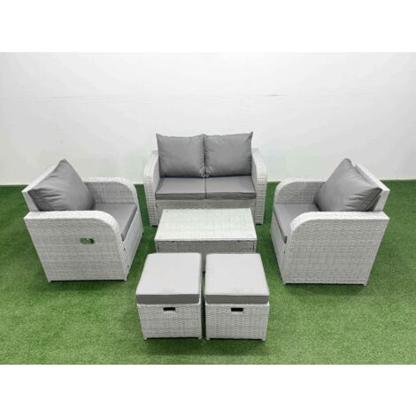 Fimous Light Grey PE Wicker Rattan Garden Furniture Set Sofa Set Reclining Adjustable Chair Rectangular Coffee Table 6 Seater 2 Small Stools