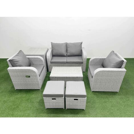 Fimous Light Grey PE Wicker Rattan Garden Furniture Set Sofa Set Reclining Adjustable Chair Rectangular Coffee Table 6 Seater 2 Small Stools Side Table