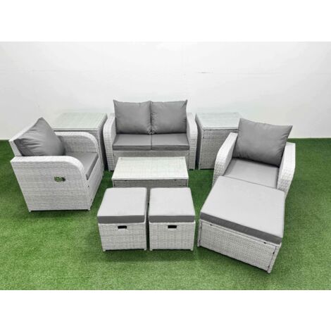 Fimous Light Grey PE Wicker Rattan Garden Furniture Set Sofa Set Reclining Adjustable Chair Rectangular Coffee Table 7 Seater 3 Stools 2 Side Table