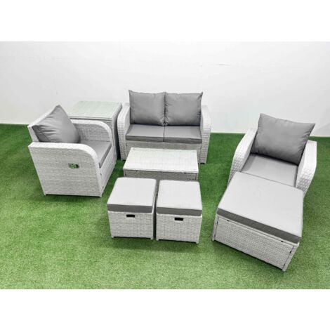 Fimous Light Grey PE Wicker Rattan Garden Furniture Set Sofa Set Reclining Adjustable Chair Rectangular Coffee Table 7 Seater 3 Stools Side Table
