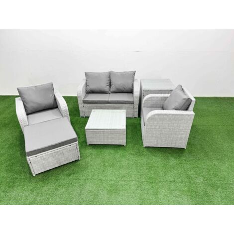 Fimous Light Grey PE Wicker Rattan Garden Furniture Set Sofa Set Reclining Adjustable Chair Square Coffee Table 5 Seater With Footstool Side Table