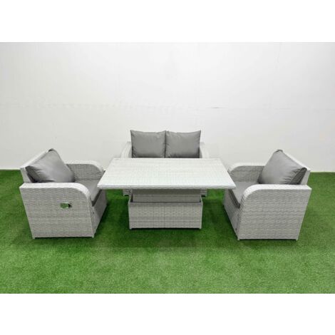 Fimous Light Grey PE Wicker Rattan Garden Furniture Set Sofa Set Reclining Chair Adjustable Lifting Dining or Coffee Table 4 Seater