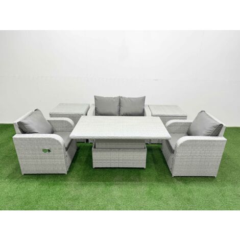Fimous Light Grey PE Wicker Rattan Garden Furniture Set Sofa Set Reclining Chair Adjustable Lifting Dining or Coffee Table 4 Seater With 2 Side Table