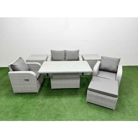 Fimous Light Grey PE Wicker Rattan Garden Furniture Set Sofa Set Reclining Chair Adjustable Lifting Dining or Coffee Table 5 Seater With Footstool 2 Side Table