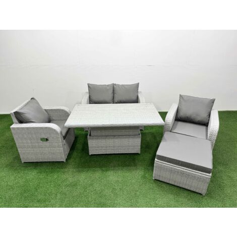 Fimous Light Grey PE Wicker Rattan Garden Furniture Set Sofa Set Reclining Chair Adjustable Lifting Dining or Coffee Table 5 Seater With Footstool