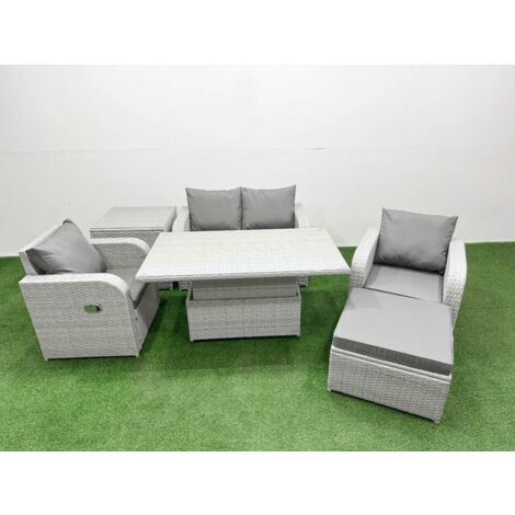 Fimous Light Grey PE Wicker Rattan Garden Furniture Set Sofa Set Reclining Chair Adjustable Lifting Dining or Coffee Table 5 Seater With Footstool Side Table