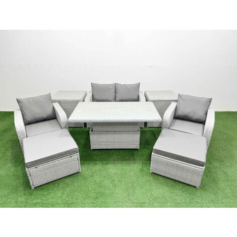 Fimous Light Grey PE Wicker Rattan Garden Furniture Set Sofa Set Reclining Chair Adjustable Lifting Dining or Coffee Table 6 Seater 2 Big Stools 2 Side Table