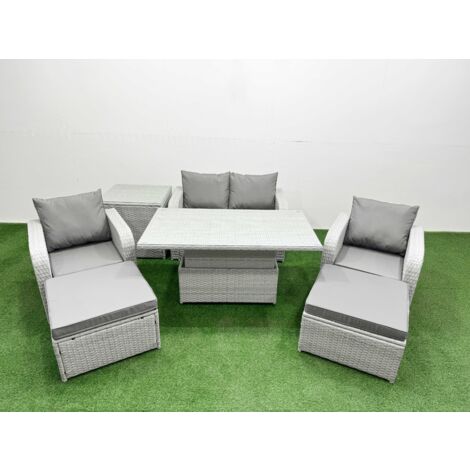 Fimous Light Grey PE Wicker Rattan Garden Furniture Set Sofa Set Reclining Chair Adjustable Lifting Dining or Coffee Table 6 Seater 2 Big Stools Side Table