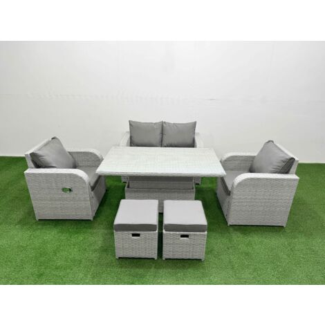 Fimous Light Grey PE Wicker Rattan Garden Furniture Set Sofa Set Reclining Chair Adjustable Lifting Dining or Coffee Table 6 Seater 2 Small Stools