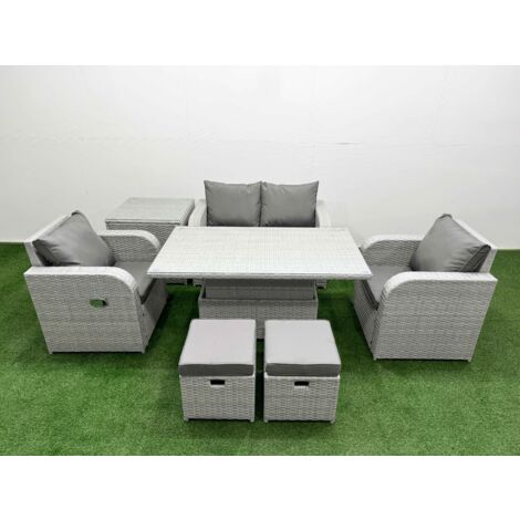 Fimous Light Grey PE Wicker Rattan Garden Furniture Set Sofa Set Reclining Chair Adjustable Lifting Dining or Coffee Table 6 Seater 2 Small Stools Side Table