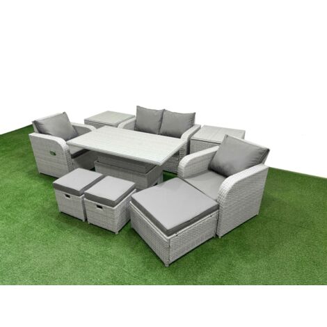 Fimous Light Grey PE Wicker Rattan Garden Furniture Set Sofa Set Reclining Chair Adjustable Lifting Dining or Coffee Table 7 Seater 3  Stools 2 Side Table