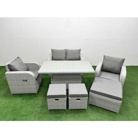 Fimous Light Grey PE Wicker Rattan Garden Furniture Set Sofa Set Reclining Chair Adjustable Lifting Dining or Coffee Table 7 Seater 3  Stools