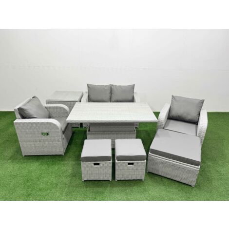 Fimous Light Grey PE Wicker Rattan Garden Furniture Set Sofa Set Reclining Chair Adjustable Lifting Dining or Coffee Table 7 Seater 3  Stools Side Table