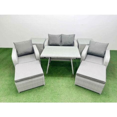 Fimous Light Grey PE Wicker Rattan Garden Furniture Set Sofa Set Reclining Chair Love Sofa Rectangular Dining Table 2 Big Stools 2 Side Tables