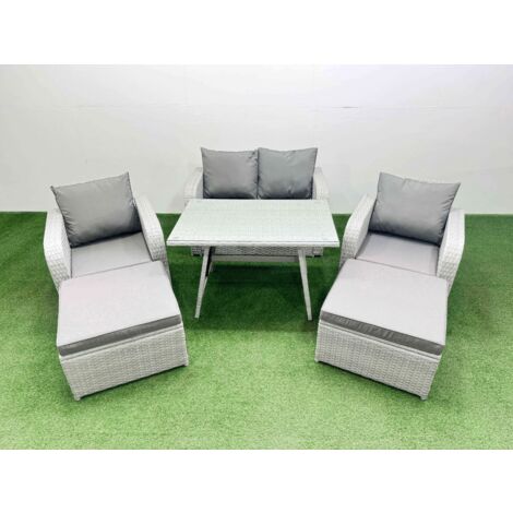 Fimous Light Grey PE Wicker Rattan Garden Furniture Set Sofa Set Reclining Chair Love Sofa Rectangular Dining Table 2 Big Stools