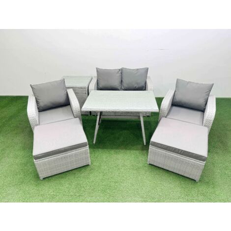 Fimous Light Grey PE Wicker Rattan Garden Furniture Set Sofa Set Reclining Chair Love Sofa Rectangular Dining Table 2 Big Stools Side Table