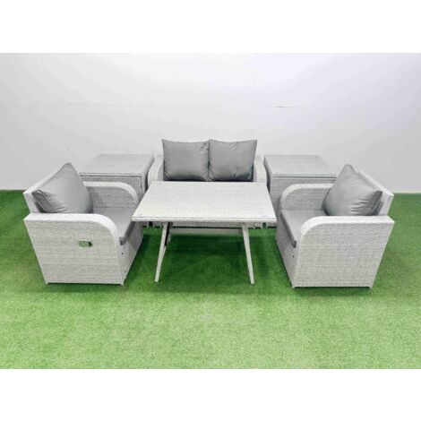 Fimous Light Grey PE Wicker Rattan Garden Furniture Set Sofa Set Reclining Chair Love Sofa Rectangular Dining Table 2 Side Tables