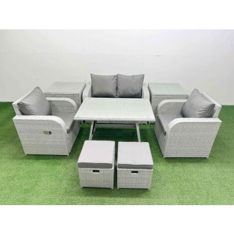 Fimous Light Grey PE Wicker Rattan Garden Furniture Set Sofa Set Reclining Chair Love Sofa Rectangular Dining Table 2 Small Stools 2 Side Tables