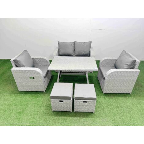 Fimous Light Grey PE Wicker Rattan Garden Furniture Set Sofa Set Reclining Chair Love Sofa Rectangular Dining Table 2 Small Stools