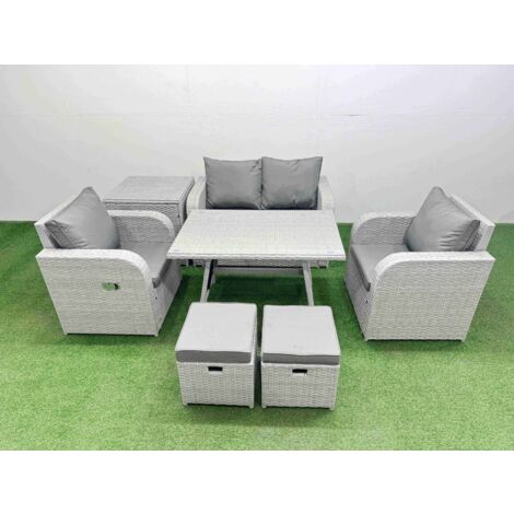 Fimous Light Grey PE Wicker Rattan Garden Furniture Set Sofa Set Reclining Chair Love Sofa Rectangular Dining Table 2 Small Stools Side Table