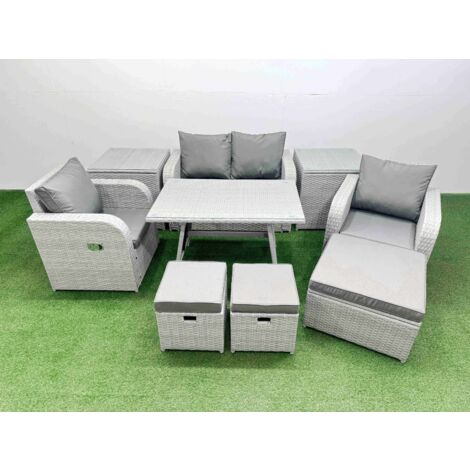 Fimous Light Grey PE Wicker Rattan Garden Furniture Set Sofa Set Reclining Chair Love Sofa Rectangular Dining Table 3 Stools 2 Side Tables