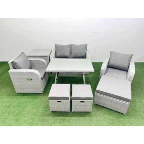 Fimous Light Grey PE Wicker Rattan Garden Furniture Set Sofa Set Reclining Chair Love Sofa Rectangular Dining Table 3 Stools Side Table