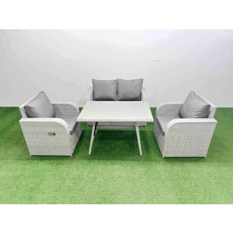 Fimous Light Grey PE Wicker Rattan Garden Furniture Set Sofa Set Reclining Chair Love Sofa Rectangular Dining Table