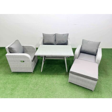 Fimous Light Grey PE Wicker Rattan Garden Furniture Set Sofa Set Reclining Chair Love Sofa Rectangular Dining Table Big Stool