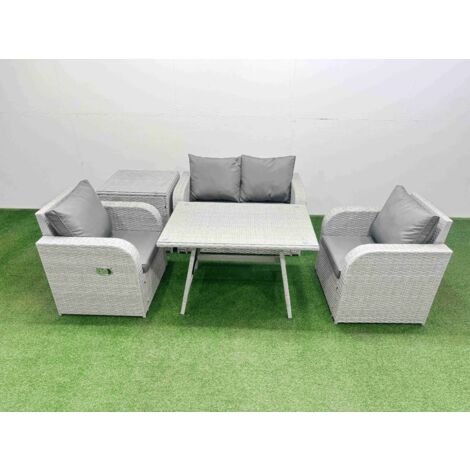 Fimous Light Grey PE Wicker Rattan Garden Furniture Set Sofa Set Reclining Chair Love Sofa Rectangular Dining Table Side Table