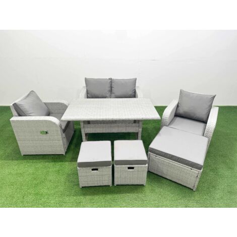 Fimous Light Grey PE Wicker Rattan Garden Furniture Set Sofa Set Reclining Chair Rectangular Dining Table 7 Seater 3 Stools