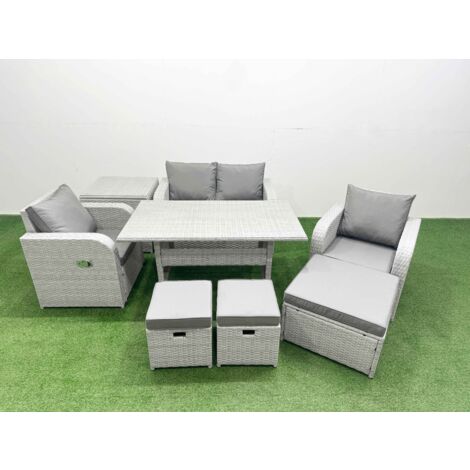 Fimous Light Grey PE Wicker Rattan Garden Furniture Set Sofa Set Reclining Chair Rectangular Dining Table 7 Seater 3 Stools Side Table
