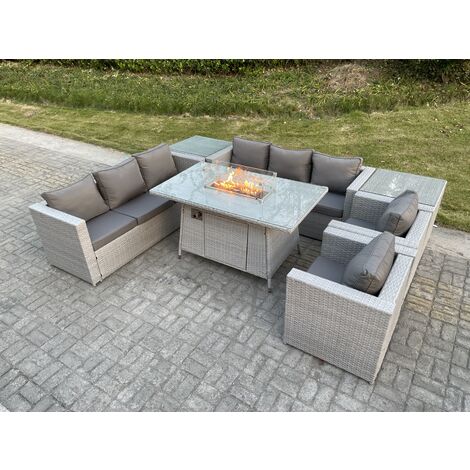 Fimous Light Grey Rattan Fire Pit Garden Furniture Set Gas Heater Burner Lounge Sofa Dining Set 2 Side Coffee Table And Chairs
