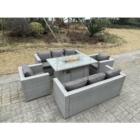 Fimous Light Grey Rattan Garden Furniture Set Gas Fire Pit  Dining Set Heater Burner Lounge Sofa Chairs Outdoor