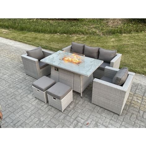 Fimous Light Grey Rattan Garden Furniture Set Gas Fire Pit Dining Table Set Heater Burner Chairs With 2 PC Stools