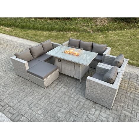 Fimous Light Grey Rattan Garden Furniture Set Gas FirePit  Dining Table Heater Burner Lounge Sofa Set Chairs Footstool