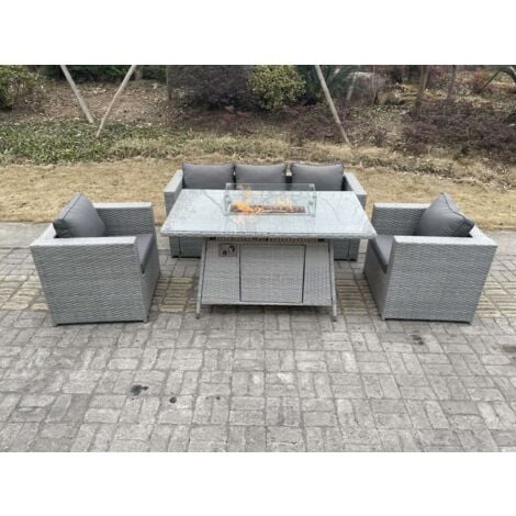 Fimous Light Grey Rattan Gas Fire Pit Garden Furniture Dining Table Set Heater Burner Chairs Lounge Sofa Set Arm Chairs