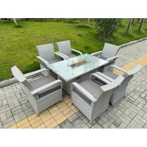 Fimous Light Grey Rattan Outdoor Garden furniture Set Gas Fire Pit Table and 6 Chairs Set with Seat Cushion