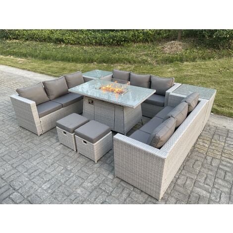 Fimous Light Grey U Shape Lounge Sofa Dining Set With Gas Fire Pit  Heater Burner With 2 PC Side Coffee Tea Table Stools